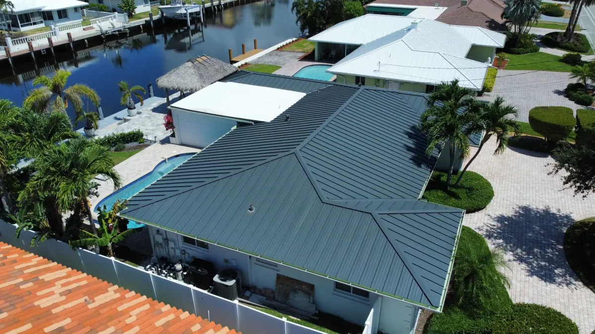 Aerial view of a new metal roof on a Central Florida home